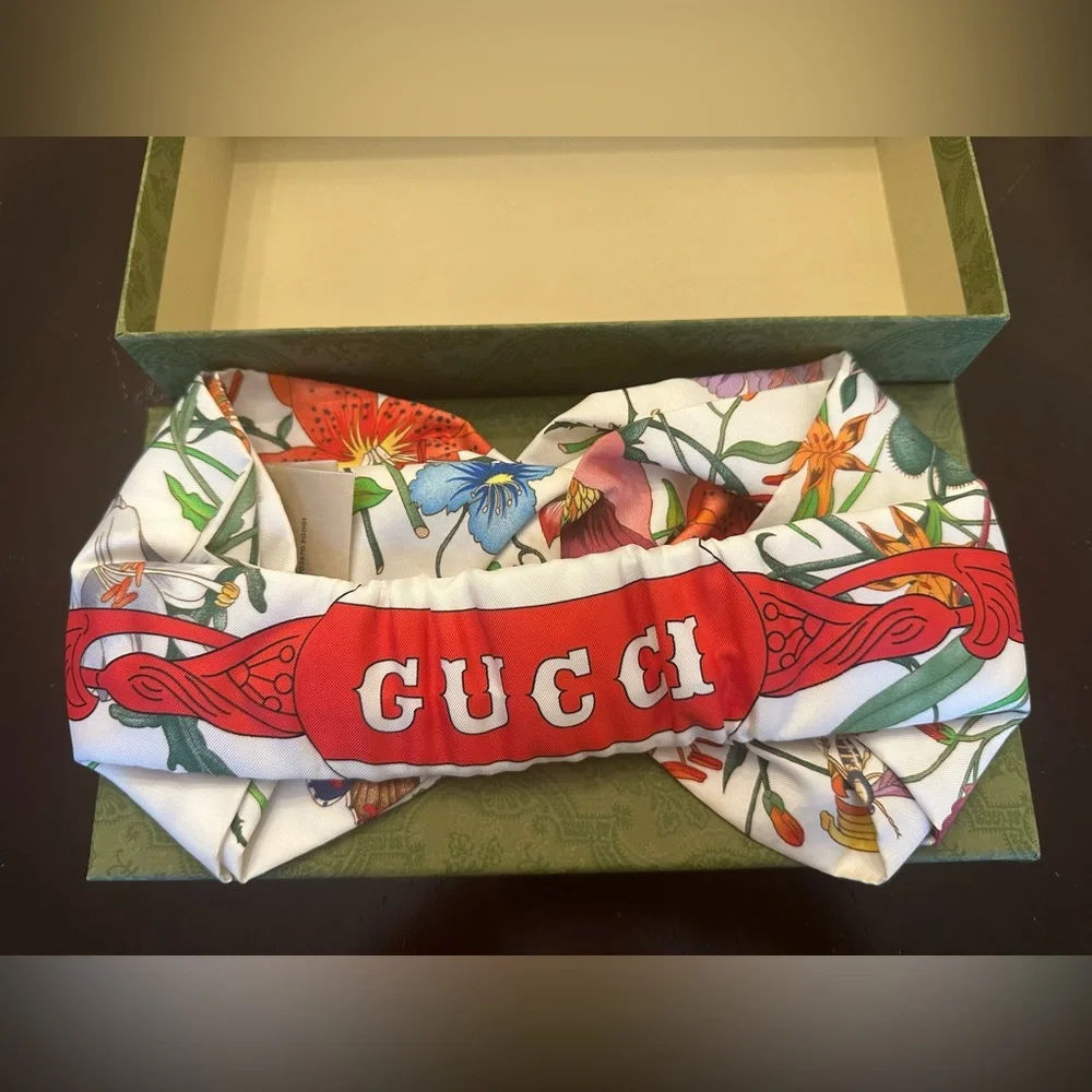 Gucci White Flora Printed Logo Multicolor Silk Headband - Picture 2 of 6